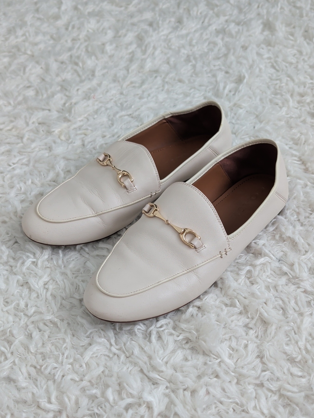 Coach Hayley Cream Leather Slip-On Loafers with Gold Horsebit